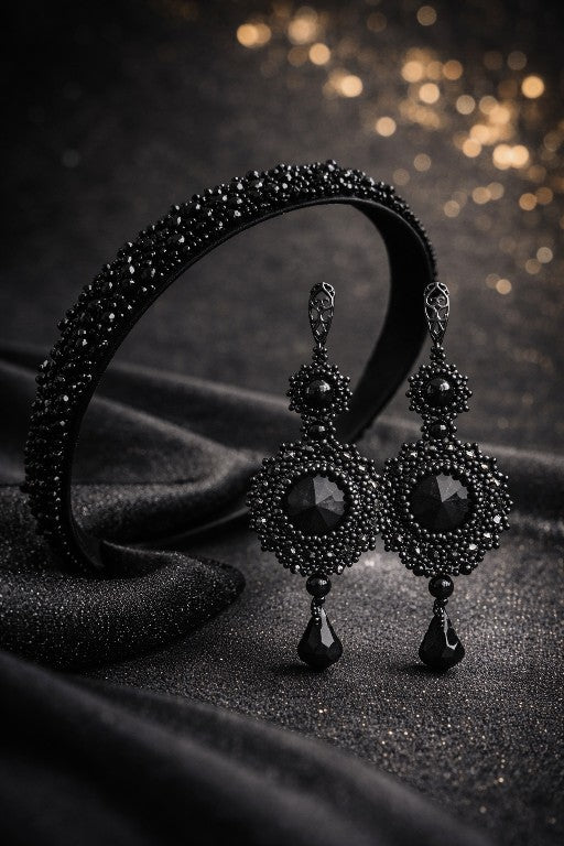 Juodų auskarų ir siuvinėto lankelio komplektas